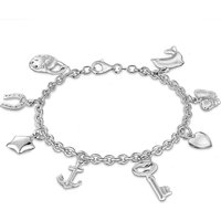 Rhodium Plated 8 Charm Belcher Bracelet 7.5 Inch