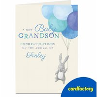 Personalised New Baby Card - Grandson Bunny | Adorable Floating Bunny Design | Custom Name | Quality Paper | Available in 2 Sizes