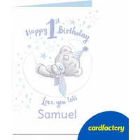 Personalised Tatty Teddy 1st Birthday Card - Blue Bear Sleeping on the Moon