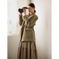 Big Shoulder Peaked Lapel Double-Breasted Long Blazer (KHAKI-BEIGE)