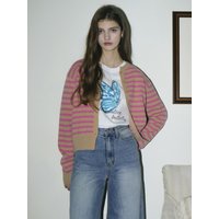 Cashmere Round Stripe Knit Cardigan (Pink)