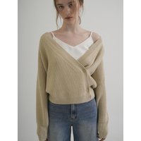 V-neck Ribbed Wrap Knit Cardigan (Beige)