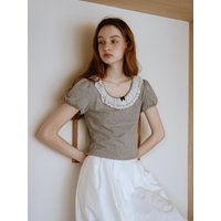 Cest_Lace puff sleeve cropped top