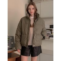 High Neck Short Puffer Synthetic Leather Coat (VCOAT_017)
