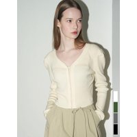 V Neck Puff Sleeve Premium Ribbed Cardigan