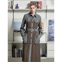 Patchwork Belted Wool Tweed Check Midi Dress