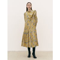 Paisley Pattern Dropped Waist Pleats Maxi Dress (Yellow)