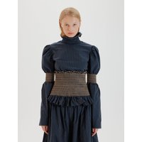 TWINK Smocked Turtleneck Blouse (Navy/Beige Stripe)