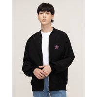 (Unisex) Zipper Purple Flower White Clip MA-1 Flight Jacket _ Black