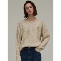 Oversized V Neck Knit Top (Beige)