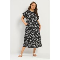 Yours Yours Damen Maxikleid in Schwarz mit Blumenmuster und Gerüschten Ärmeln in Größe 54-56 | Polyester/Elasthan