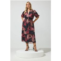 Yours London Damen Yours London – Kleid in Rot mit Verschwommenem Blumenmuster und Puffärmeln in Größe 52 | Polyester