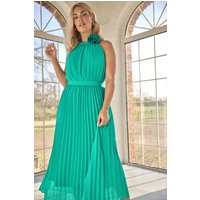 Yours London Yours London Damen Plissiertes Maxikleid in Grün mit Nackenband in Größe 50 | Polyester