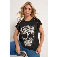 Yours Yours Damen Lasergeschnittenes T-Shirt in Schwarz mit Totenkopfmotiv in Größe 66-68 | Baumwolle/Polyester