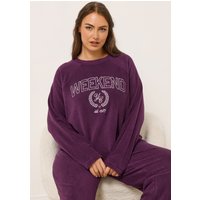 Yours Yours Damen Curve Fleecetop in Burgunderrot mit Weekend“Print in Größe 50-52 | Polyester/Elasthan