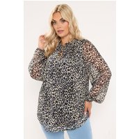 Yours Yours Damen Bluse mit Leopardenprint in Schwarz mit Rüschenkragen in Größe 54-56 | Polyester