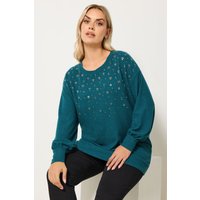 Yours Yours Damen Pullover in Petrol mit Strassverzierung in Größe 48 | Polyester/Elasthan/Viskose