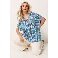 Yours Yours Damen Strukturiertes Blaues Shirt mit Kachelprint im Boxyfit in Größe 46 | Polyester/Elasthan