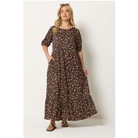 Yours Yours Damen Gesmoktes Maxikleid in Braun mit Blümchenmuster in Größe 50-52 | Polyester