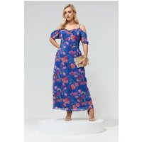 Yours London Yours London Damen Schulterfreies Kleid in Blau mit Blumenmuster in Größe 42 | Polyester