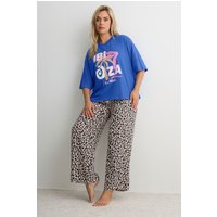 Yours Yours Damen Pyjamaset „Ibiza“ in Blau und mit Leopardenmuster