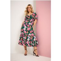 Yours Yours Damen Milchmädchenmidikleid in Schwarz mit Blumenmuster in Größe 50-52 | Polyester
