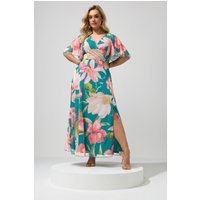 Yours Damen Yours – Gewickeltes Maxikleid in Blaugrün mit Blumenmuster in Größe 42 | Polyester/Elasthan