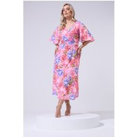 Yours London Yours London Damen Rosa Wickelkleid in Leinenoptik mit Blumenmuster in Größe 54-56 | Polyester