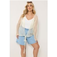 Yours Damen Yours – Pointellecardigan in Elfenbeinweiß mit Bindegürtel in Größe 54-56 | Baumwolle/Polyester/Elasthan