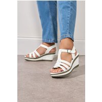 Yours Yours Damen Sandalen in Weiß aus Lederimitat mit Tsteg und Keilabsatz in Weiter E-Passform und in Größe 38EEE