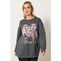 Yours Yours Damen Sweatshirt in Grau mit „Love Always Wind“Schriftzug und Glitzerherz in Größe 50-52 | Baumwolle/Polyester