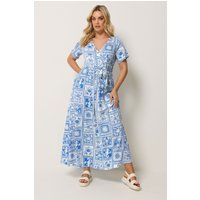 Yours Yours Damen Wickelkleid in Blau mit Verschiedenen Palmenprints in Größe 54-56 | Polyester/Elasthan