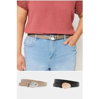 Yours Yours Damen Gürtel in Schwarz und Graubraun mit Gehämmerten Details 2er Pack in Größe 58-60 | Polyurethan