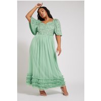 Luxe: Ultimate Embellishment Luxe: Ultimate Embellishment Damen – Gerüschtes Maxikleid in Salbeigrün mit Verzierung in Größe 42 | Polyester