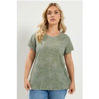 Yours Yours Damen T-Shirt in Khakigrün mit Kachelprint in Größe 50-52 | Baumwolle/Polyester