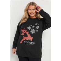 Yours Yours Damen Sweatshirt in Schwarz mit Rentierprint „Let It Snow“ in Größe 50-52 | Baumwolle/Polyester/Viskose