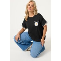 Yours Yours Damen Schwarzes T-Shirt mit Gänseblümchen, „Life Is Good“Schriftzug und Collegeborte in Größe 54-56 | Baumwolle