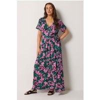 Yours Damen Yours – Kleid in Pink und Grün mit Tropischem Muster und Wickeloptik Vorne in Größe 54-56 | Elasthan/Viskose
