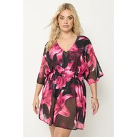 Yours Yours Damen Meshstrandkaftan in Schwarz und Rosa mit Blumenmuster in Größe 62-64 | Polyester