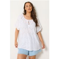 Yours Yours Damen Bluse in Weiß mit Lochstickerei und Wellensaum in Größe 48 | Viskose