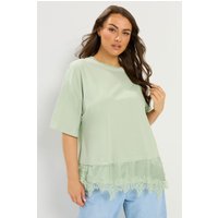 Yours Yours Damen T-Shirt in Grün aus Satin mit Spitzenbesatz in Größe 46 | Baumwolle