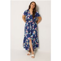 Yours Yours Damen Kleid mit Ärmeln in Blau mit Blumenmuster in Größe 48 | Viskose