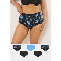 Yours Yours Plus Size Curve Slips in Blau und Schwarz mit Blumenmuster und Hohem Bund, 5er Set in Größe 50-52 | Baumwolle/Elasthan