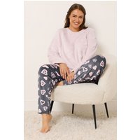 Yours Yours Damen Strukturiertes Loungewearset in Rosa mit Herzprint aus Borg in Größe 58-60 | Polyester