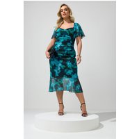 Yours London Yours London Damen Kleid in Blaugrün mit Verschwommenem Muster und Raffungen in Größe 58-60 | Polyester/Elasthan