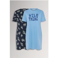 Yours Yours Damen Nachthemd in Blau mit Wild Thing“Slogan, 2er Set in Größe 58-60 | Baumwolle