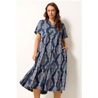 Yours Yours Damen Gestuftes Maxikleid in Marineblau mit Paisleymuster in Größe 54-56 | Baumwolle