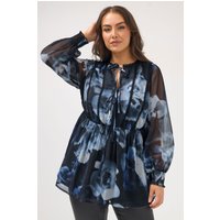 Yours Yours Damen Bluse in Schwarz mit Verschwommenem Blumenmuster und Bindeverschluss