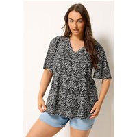 Yours Yours Damen Bluse in Schwarz mit Zebramuster und Gekerbtem Ausschnitt in Größe 54-56 | Viskose