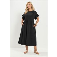 Yours Yours Damen Midaxi-Kleid in Schwarz aus Baumwolle mit Gerüschten Ärmeln